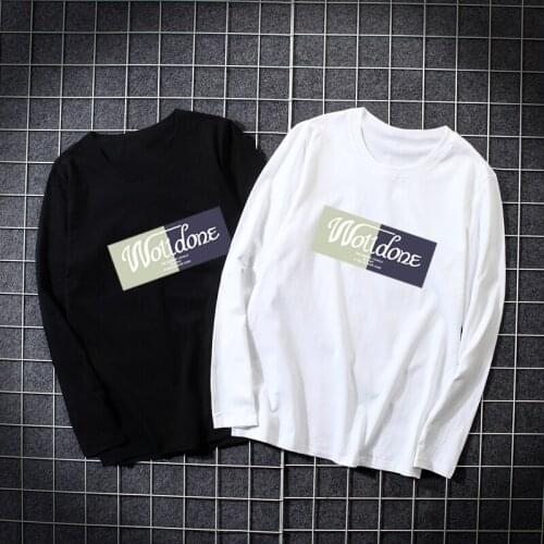 Mens autumn wide collar long sleeve T-shirt printed T-shirt Joker T-shirt. Black. White. Gray, mens long sleeve T-shirt