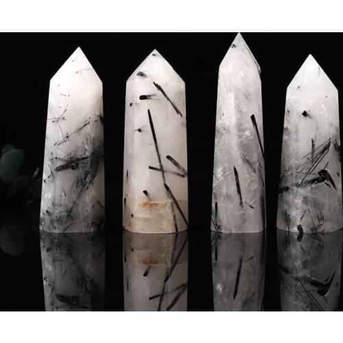 Natural Black Hair Crystal Hexagonal Prism Tourmaline Column Energy Stone Decor