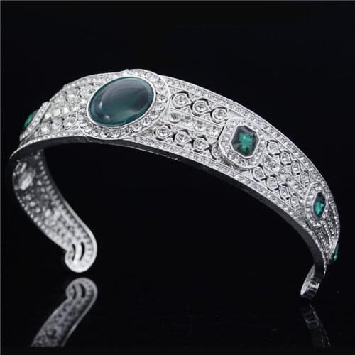 Luxury Queen Royal Headband Green Crystal Tiara Rhinestone Crown Bridal Diadem Wedding Hair Accessories Jewelry Bride Headdress