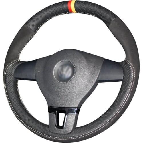 Hand Sew Black Genuine Leather Suede Car Steering Wheel Cover for Volkswagen VW Sharan Passat Variant EOS Amarok California