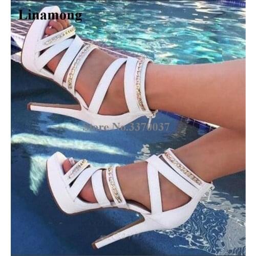 Women New Fashion Open Toe High Platform Gold Chains Decorated Gladiator Sandals White Black Strap Cross High Heel Sandals Heels