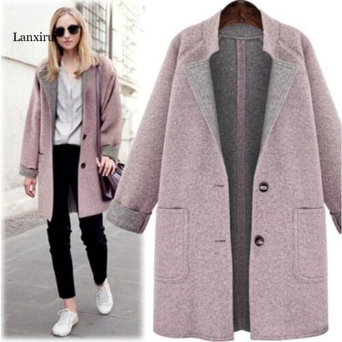 Large Size Woolen Coat European American Casual Windbreaker Mid-Long Single-breasted Basic Paragraph Woolen Jacket Autumn Winter