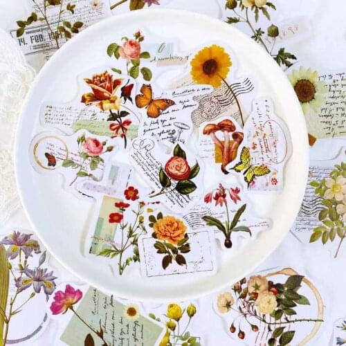 Vintage Flower Illustrated Stickers DIY Scrapbooking Bottom Collage Phone Computer Diary Gift Sealing Decoration Sticker