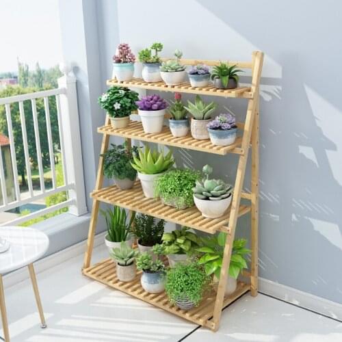 High quality bamboo flower shelf Balcony decoration foldable design living room floor type solid wood succulent green rose shelf