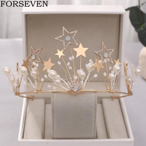 Pearl Rhinestone Star Crown Wedding Hair Accessories Bridal Tiara Gold Diadem Prom Bridal Crown Headpiece For Women Hair Jewelry