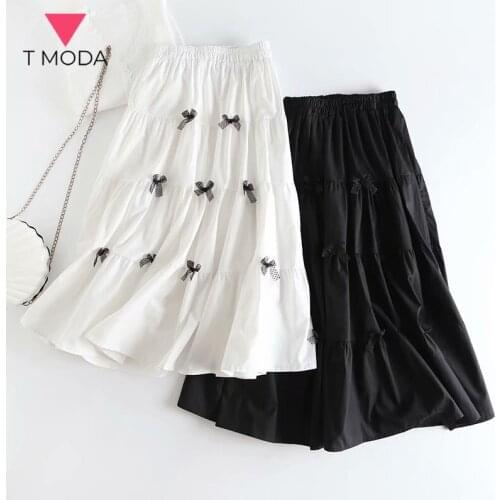 T MODA Women 2021 Summer Bow Knot Decoration Spliced Puffy High Waist Half-body Skirt Female Girl Fashion Tide Chic Skirts
