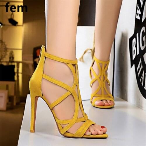Gladiator Women Sandals Peep Toe High Heels Zipper Hollow Summer Heels For Women Cover Heels Fashion Narrow And Band Rome Shoes