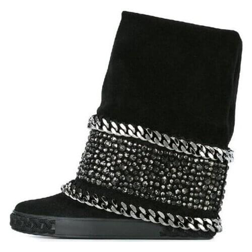 Winter Genuine Leather Boots Shoes Crystal Chain Wedges Suede Boots Women Height Increasing 80 mm Platform Knee High Boots