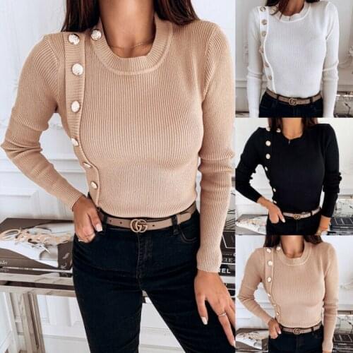 New 2019 Women Casual Knitted Sweater Jumper Button Long Sleeve Pullover Knit Basic Top Slim Sweaters Tops