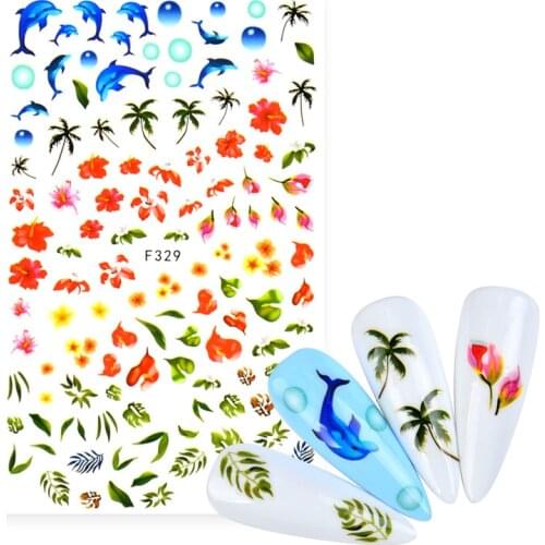 2021 Newest Green Coconut Tree 3D Nail Sticker Summer Dolphin Ocean Palm Series Transfer Sticker Nail Decal DIY Nail Decoration