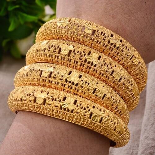 24K 4Pcs/lot Dubai Ethiopian Gold Color Coin Cuff Bangles For Women Wife Wedding Jewelry Bangles&Bracelet Gifts