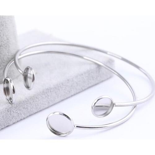 Onwear 5pcs Stainless Steel cabochon bracelet trays 10mm 12mm dia blank cameo bangle base settings diy bracelets bezel findings
