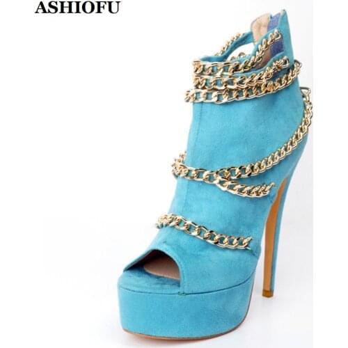 ASHIOFU Handmade New Arrival Womens High Heel Pumps Chain-strap Peep-toe Party Prom Shoes Platform Evening Fashion Court Shoes