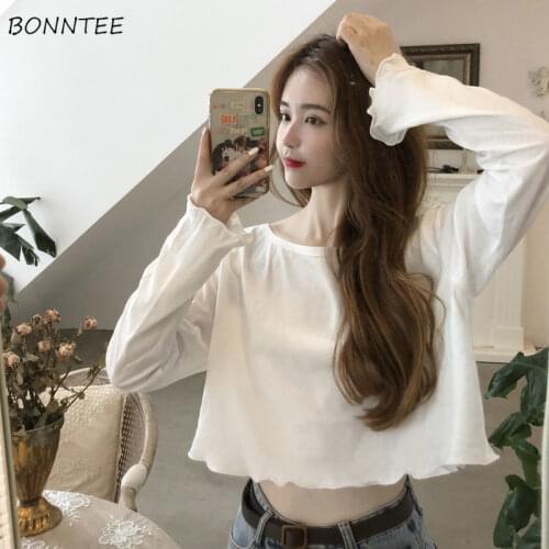 Basic T-shirts Womens Crop Tops Pure Simple Long Sleeve Around Neck Loose Korean Style Sexy Girls Tees All-match Trendy Femme