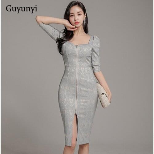 Noble Flower Slim Elegant Dress 2021 Spring Square Collar Half Sleeve Front Middle Zipper Split Tight Party Dress Women