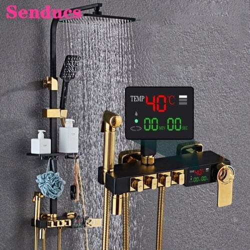Black Gold Bathroom Shower Set Senducs Thermostatic Bath Shower System Quality Copper Bathtub Mixer Tap Rainfall Digital Shower