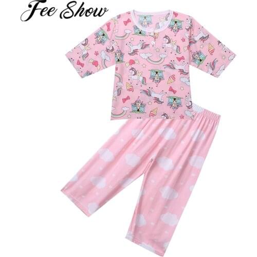 Children Girls Pajamas Set New Summer Cotton Short Sleeves Cute Printed T-shirt Tops + Pants Kids Sleepwear Suit Casual Homewear