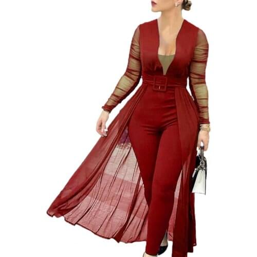 Jumpsuit Women Solid Color Skinny Playsuit Women Long Sleeve Sheer Patchwork Waist Tight Belt Overall for Party Комбинезоны 2021