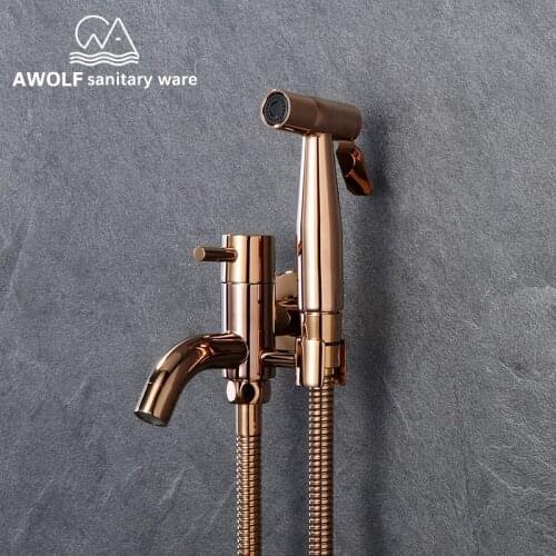 Rose Gold Douche Kit Toilet Hand Held Bidet Sprayer Solid Brass Faucet Stainless Steel Sprayer Shattaf Shower Set AP2207