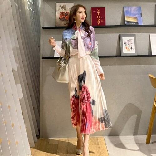 High Quality 2020 Autumn Fashion Bow Collar flowers printing Long sleeve Blouse Top+ Midi Pleated Skirt Flower 2PCS Clothing Set