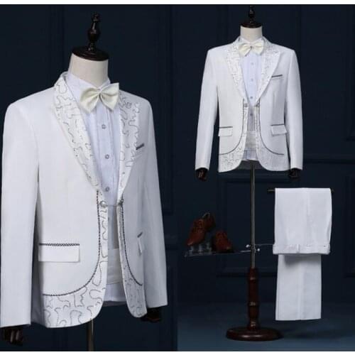 Singer star style dance stage clothing for men suit set with pants 2020 mens wedding suits costume groom formal dress tie white