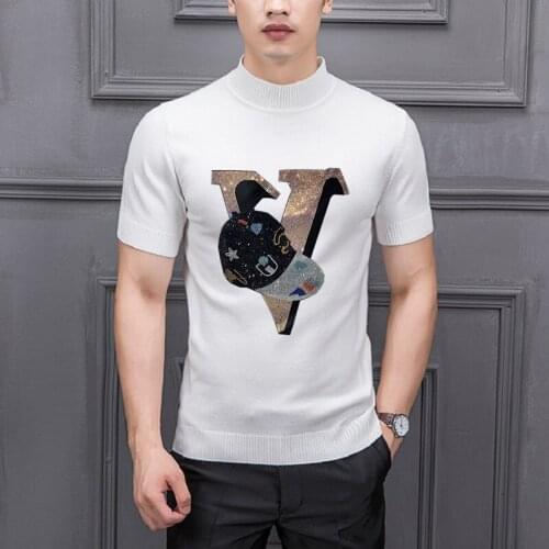 Mens Leisure Pullover Letters Hot Drill Turtleneck Short Sleeve Sweaters Knitted Male Bottoming Shirt Costume