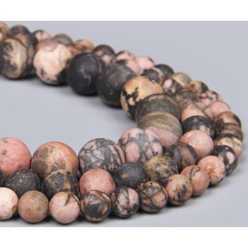 Natural Round Matte Black Pink Lace Rhodonite Jaspers Loose Spacer Beads For Jewelry Making DIY Bracelet Earring Accessories 15"
