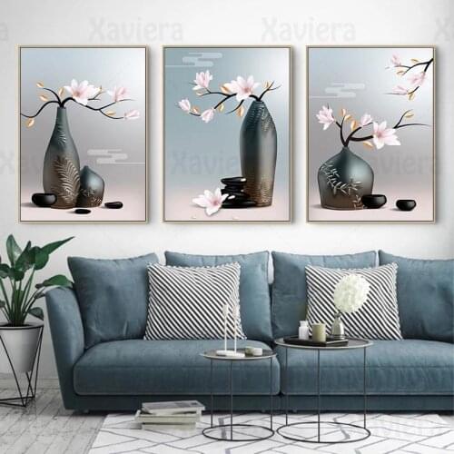 New Chinese Canvas Painting Vase Cherry Blossom Tea Poster Wall Art Picture Living Room Decoration Tea Store Hanging Mural Home