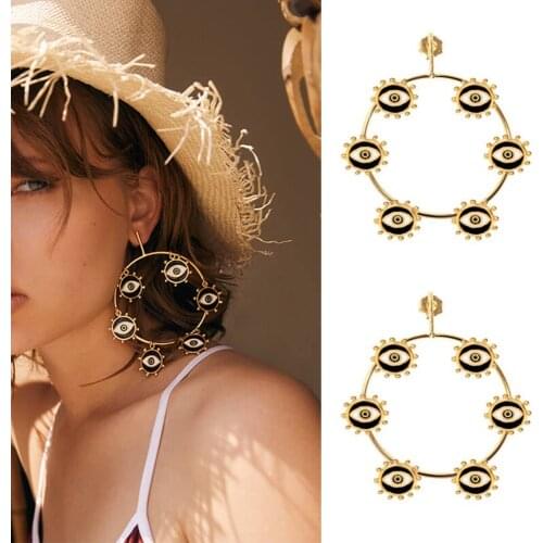 2019 New Gold Color Big Loop Small Evil Eye Charm Dangle Earrings For Women Ladys Latest Fashion Statement Earring
