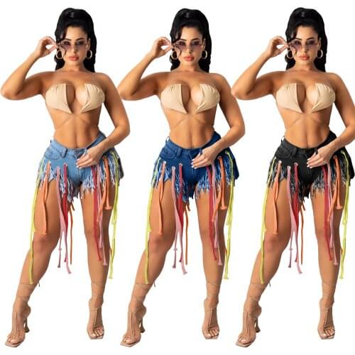 2021 New Womens Corny Ribbons Wear Tassel Denim Short Jeans High Waisted Ripped Jeans Streetwear Women Baggy Jeans