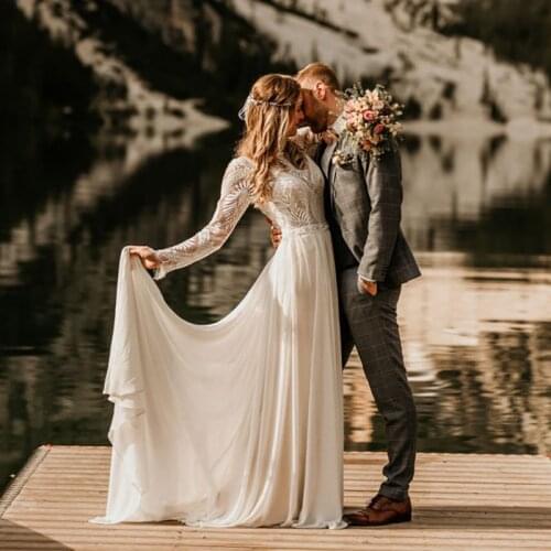 Simple Chiffon Modest Lace Wedding Dress Long Sleeves Custom Made Bohemian Shooting A Line Rustic Beach Boat Neck Bridal Gowns