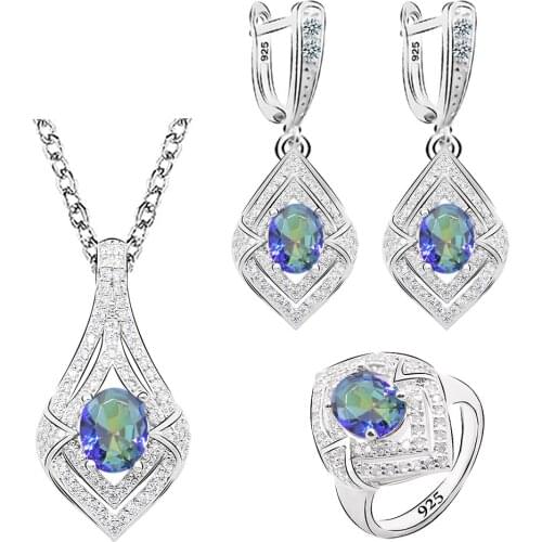 Rainbow Topaz 925 Silver Jewelry Set for Women Gift Black Green Earrings Necklace pendant Ring 7 Colors Available