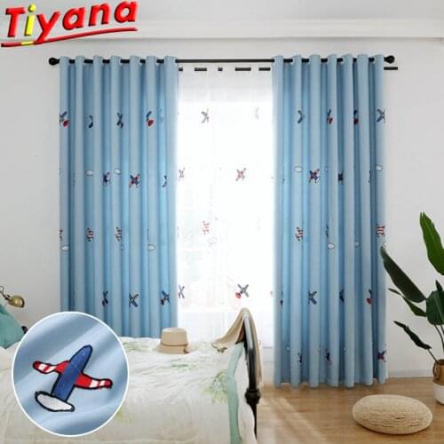 Embroidered Aircraft Curtains for Kids Room Childrens Cute Curtains Blue Cloth/White Tulle Curtains for Boys Room X-M102#4