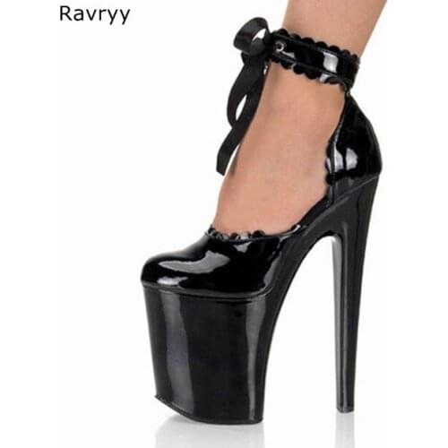 Ankle strap Woman black platform heels patent leather high heel Pointed Toe Sexy Pumps female dress shoes club party dance shoes