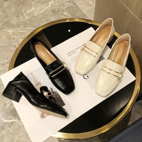 Square toe metal decoration pearl shoes woman slip on solid brief thick high heels casual brief comfy british pumps sewing shoes