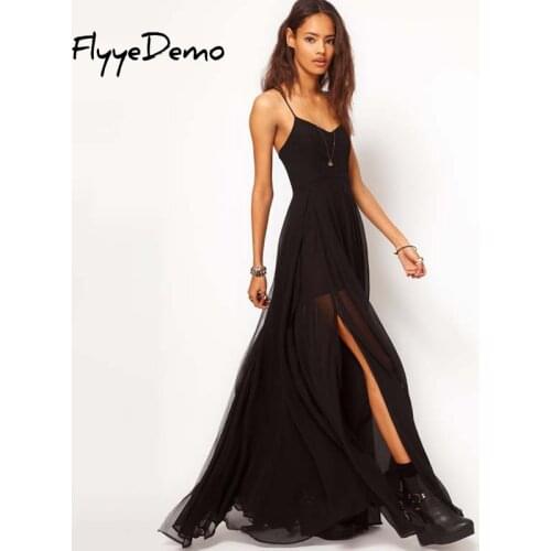 4XL 2020 Summer V-neck Vestidos De Fiesta Black Women Long Dress Sexy Strapped Mesh Lady Chiffon Sexy Side Slit Party Maxi Dress
