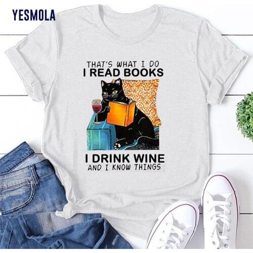 YESMOLA Women T-Shirt Thats What I Do I Read Books Black Cat Print Loose T-shirt Female Summer Fashion Short-sleeved Tees Top