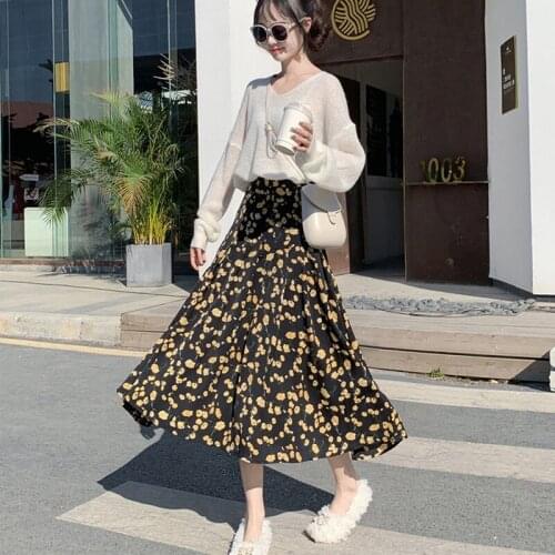 Skirt Women\s Skirts Spring And Summer Retro Mid-length High Waist Was Thin Korean Version Of Wild Chiffon Floral Pleated 2020