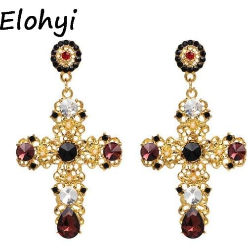 ELOHYI Women Big Cross Crystal Earrings For Woman Alloy Crystal Pendientes Rhinestone Earrings Luruxy Earring Oorbellen Gift