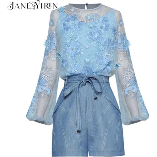 Janeyiren 2021 Fashion Designer Summer Shorts Suit Women O-neck Organza Embroidered Tops and Blue Denim Shorts Two Pieces Set
