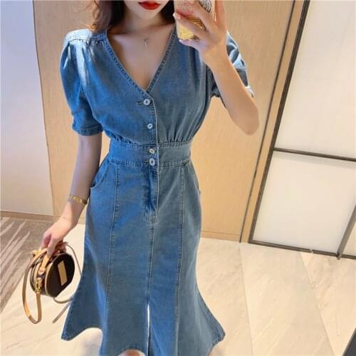 JMPR Denim Women Dress Summer Puff Short Sleeve Mermaid Mi Calf Dress High Waist V Neck Fashion Ruffles Party Jeans Vestidos