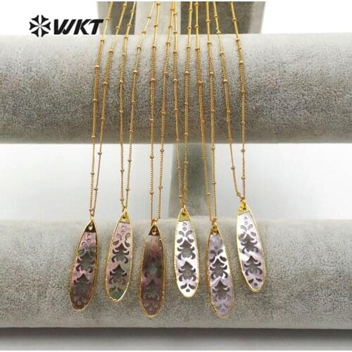 WT-JN031 WKT wholesale 10pcs/lot natural shell necklaces with gold metal plated hollow-carved design for women jewelry making