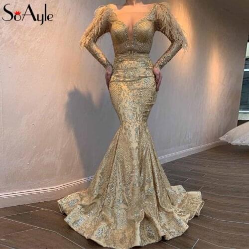 SoAyle Prom Dresses 2019 Feathers vestidos de gala Gold Powder Lace Evening Dresses Sexy Mermaid Long Dress Champagne Prom Dress