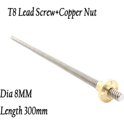 2pcs Anet 300mm leadscrew T8 Lead Screw/Thread Rod Dia 8MM Pitch 2mm with free Copper Nuts for Prusa I3 3D printer&CNC parts