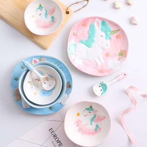 4pcs/set Cartoon childrens tableware Creative Hand-painted Ceramic Dinner Plates Rice Bowl Salad Bowl Spoon Household Gift Box