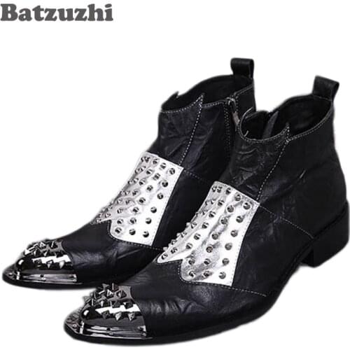 Batzuzhi Big size 45 46! Fashionan Boots Japanese Style Rock Black Man Boots Pointed Steel Toe Genuine Leather Boots Shoes Man