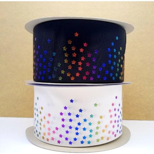 Free shipping 50 yard 3 inch rainbow color star hologram ribbon foil printed grosgrain ribbon
