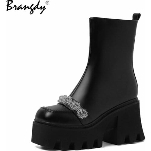 Brangdy Women Mary Jane Shoes Genuine Leather Bead Women Ankle Boots Lolita Chunky Platform Winter Shoes Pearl Zip Square Toe