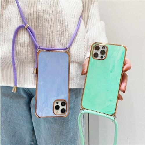 Ins Necklace Lanyard Marble Plated Phone Case For iPhone 12 Pro Max 11 Pro MiNi XR XS X 7 8 plus SE2020 Camera Protection Cover