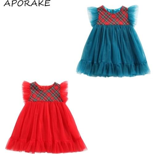 2021 0-5Y Kids Baby Girls Mesh Dress Plaid Pattern Stitching Ruffle Lace Short Sleeve Sweet Princess Dress Summer Clothing